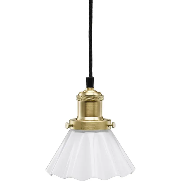 PR Home Pendelleuchte Fensterleuchte - 15 W, E27 - Messing-Pendelleuchte mit geripptem weißem Glasschirm und schwarzem Stoffkabel.