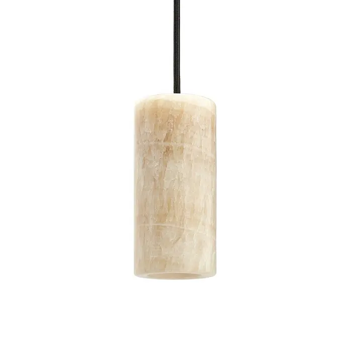 PR Home Pendelleuchte Lucie - 15 W, E14 - Zylindrische Pendelleuchte aus hellem, geädertem Onyx oder Alabaster, an schwarzer Schnur.