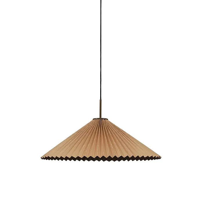 PR Home Pendelleuchte Dora - 25 W, E27 - Hellebraune plissierte Papier-Pendelleuchte mit breitem konischem Schirm und schwarzem Kabel.