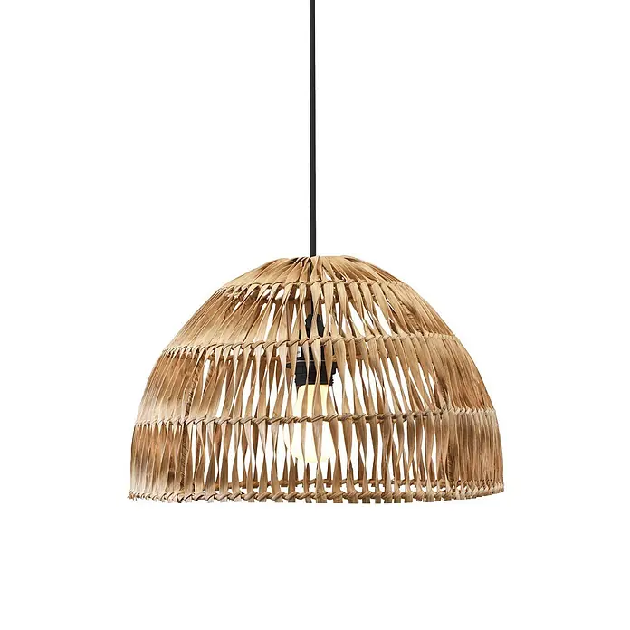 PR Home Pendelleuchte Outdoor - 40 W, E27 - Hängelampe mit kuppelförmigem Schirm aus geflochtenem Naturmaterial und schwarzem Kabel.