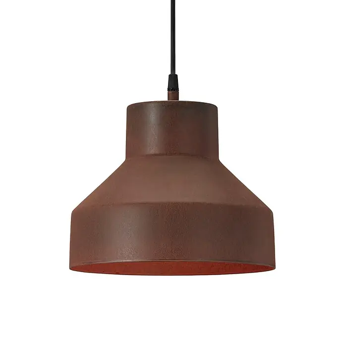 PR Home Pendelleuchte Solo - 15 W, E27 - Rostbraune Metall-Pendelleuchte mit breitem, ausgestelltem Schirm, an schwarzem Kabel hängend.