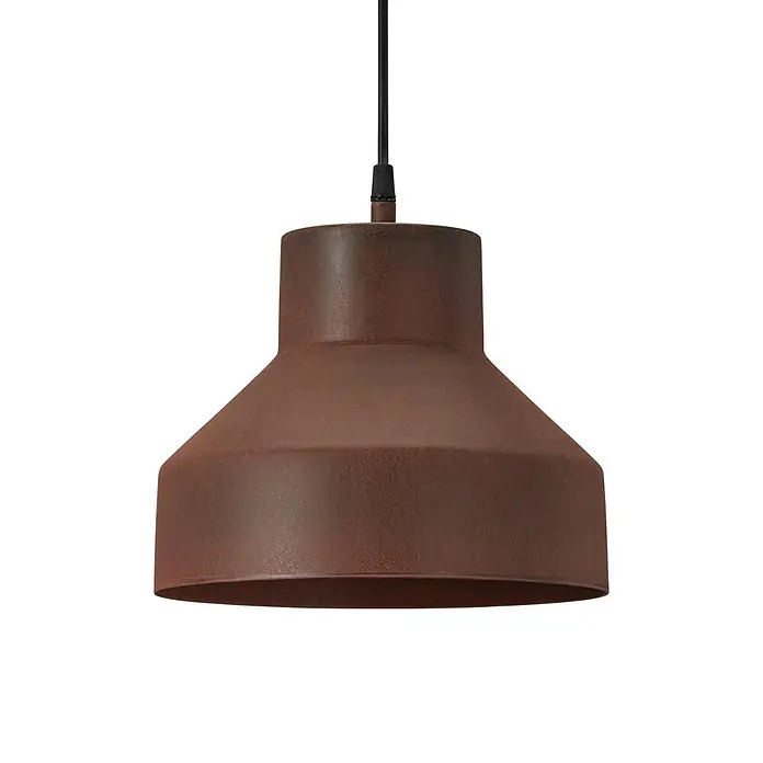 PR Home Pendelleuchte Solo - 15 W, E27 - Rustikale braune Metall-Pendelleuchte, aufgehängt an einem schwarzen Kabel.