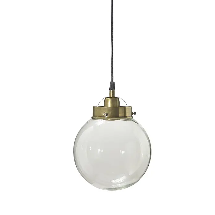 PR Home Pendelleuchte Normandy - 40 W, E27 - Hängende Kugelpendelleuchte aus Messing und Klarglas an schwarzem Kabel.