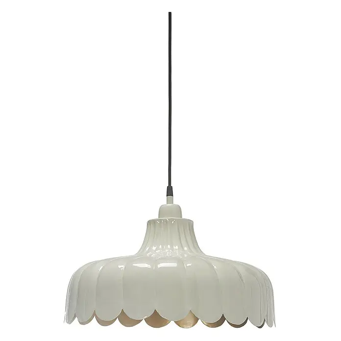 PR Home Pendelleuchte Wells - 25 W, E27 - Cremefarbene Pendelleuchte mit Wellenrand, schwarzem Kabel und goldener Innenseite, hängend.