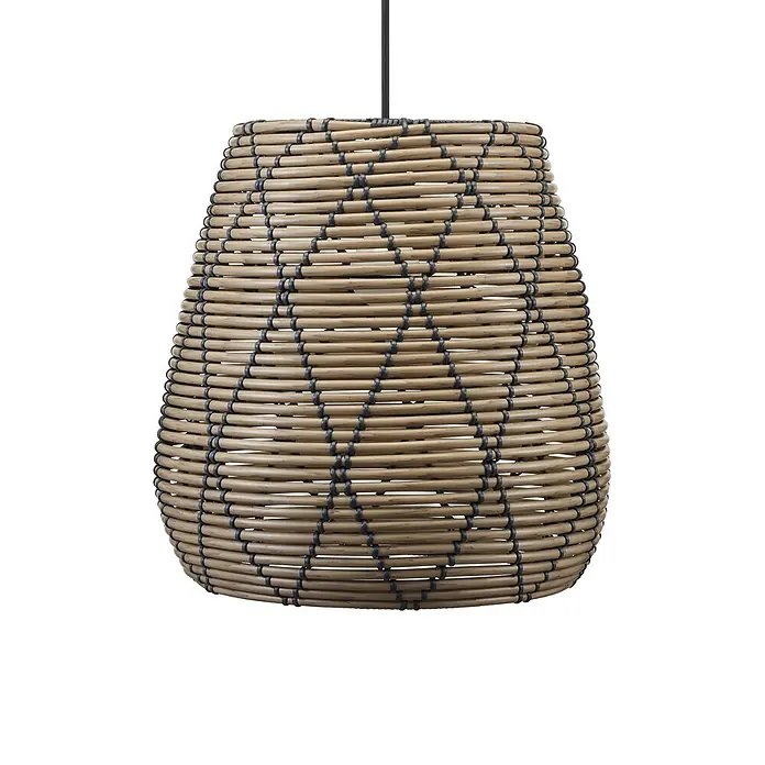 PR Home Pendelleuchte 38cm Outdoor - 40 W, E27 - Glockenförmiger Pendelleuchtenschirm aus natürlichem Rattan mit dunklen, durchwobenen Details.