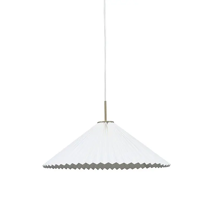PR Home Pendelleuchte Dora - 25 W, E27 - Weiße plissierte konische Pendelleuchte mit gezacktem Rand und Messingdetails.