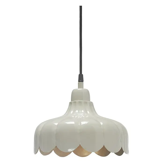 PR Home Pendelleuchte 24cm Fensterleuchte - 25 W, E27 - Glänzende, cremefarbene Pendelleuchte mit Wellenkante und dunklem Textilkabel.
