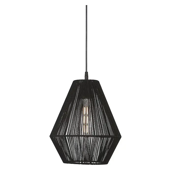 PR Home Pendelleuchte Rio - 25 W, E27 - Schwarze geometrische Schnur-Pendelleuchte mit sichtbarer Glühbirne.