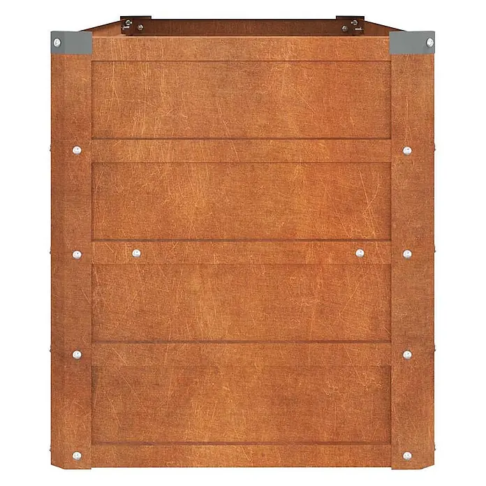 Furnicato Hochbeet - 100 x 100 x 45 cm, Stahl, Braun - Rotbraune Holzplatte mit horizontalen Brettern, vertikalen Seitenleisten und Metallnieten/Eckwinkeln, mit abgenutzter Textur.