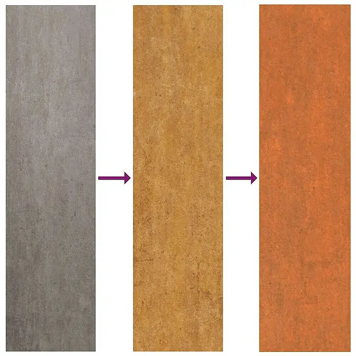 Furnicato Hochbeet - 400 x 80 x 77 cm, Stahl, Braun - Drei strukturierte Paneele zeigen ein Material, das von Grau über Goldbraun zu Rostrot wechselt, was einen natürlichen Rost- oder Patinierungsprozess darstellt.