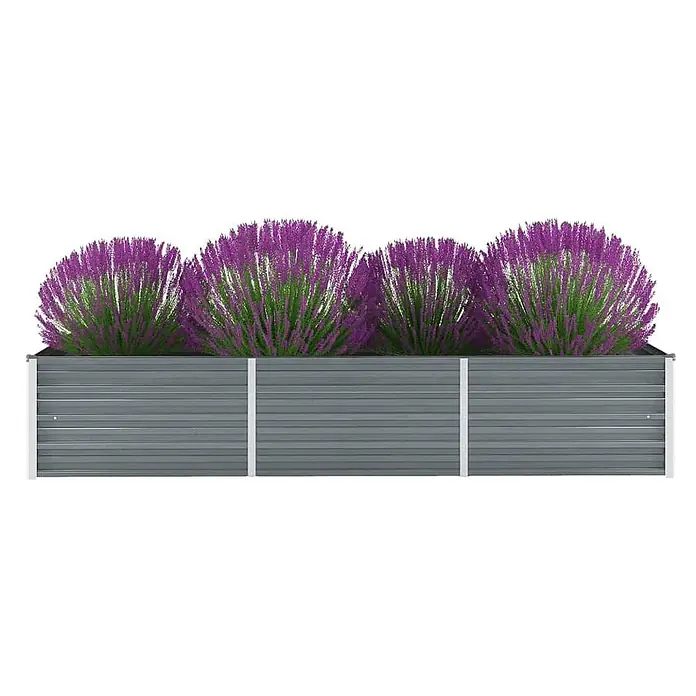 Furnicato Hochbeet - 240 x 80 x 45 cm, Stahl, Grau - Langes graues Metall-Hochbeet, gefüllt mit leuchtend lila Blumen.