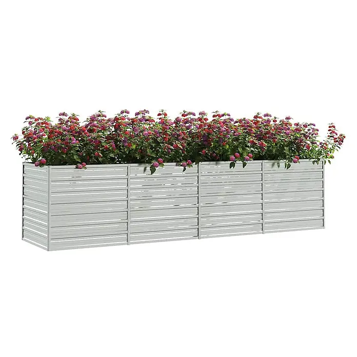 Furnicato Hochbeet - 320 x 80 x 77 cm, Stahl, Silber - Langes, hellgraues Lamellen-Hochbeet mit roten und violetten Blumen gefüllt.