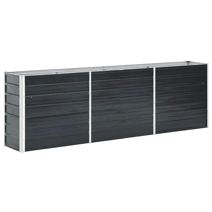 Furnicato Hochbeet - 240 x 40 x 77 cm, Stahl, Anthrazit - Langes, rechteckiges anthrazitfarbenes Metall-Hochbeet mit silbernem Rahmen, in drei Sektionen unterteilt.