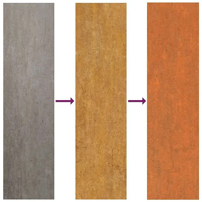 Furnicato Hochbeet - 100 x 100 x 45 cm, Stahl, Braun - Verwitterungsstahlplatte, die die Farbveränderung von anfänglichem Grau über Gelbbraun bis zu natürlichem Rostorange zeigt.