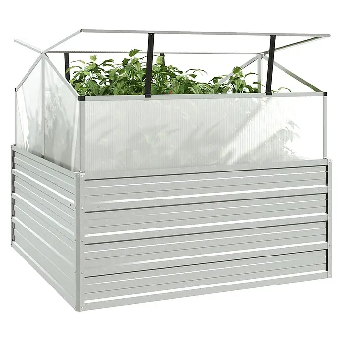 Furnicato Hochbeet - 100 x 100 x 85 cm, Stahl, Silber - Hochbeet aus verzinktem Stahl mit transparentem Polycarbonat-Frühbeet, mit grünen Pflanzen.
