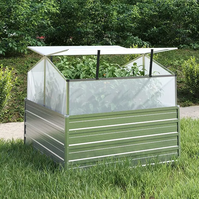 Furnicato Hochbeet - 100 x 100 x 85 cm, Stahl, Silber - Grünes Hochbeet aus Metall mit lichtdurchlässigem Deckel, bepflanzt, im Garten.