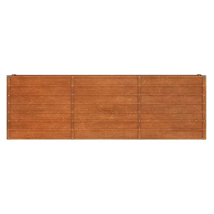 Furnicato Hochbeet - 240 x 40 x 77 cm, Stahl, Braun - Rotbraune Holzseitenwand eines Frachtcontainers oder einer großen Kiste, mit horizontalen Planken und vertikalen verstärkten Balken, die mit Nieten befestigt sind.