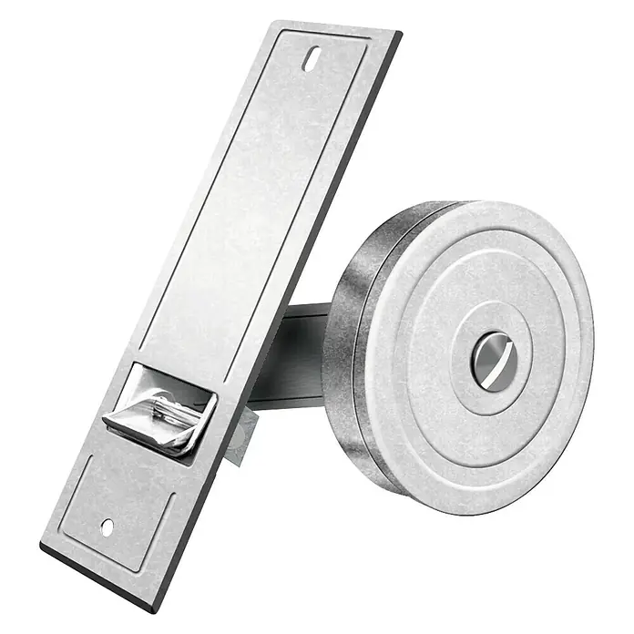 Schellenberg Recogedor de cinta de persiana - Distancia entre orificios: 105 mm, Anchura de la correa: 23 mm, Máx. Longitud de la cinta: 5 m - Primer plano de una cerradura moderna redonda para puerta de WC con manija rectangular metálica sobre superficie blanca.