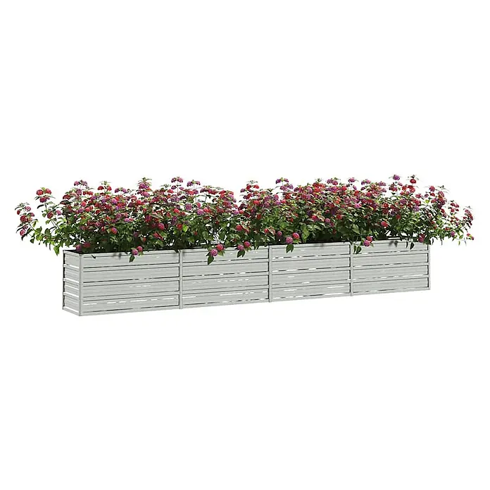 Furnicato Hochbeet - 320 x 40 x 45 cm, Stahl, Silber - Langer hellgrauer Latten-Pflanzkasten mit leuchtend rosa und roten Blumen.