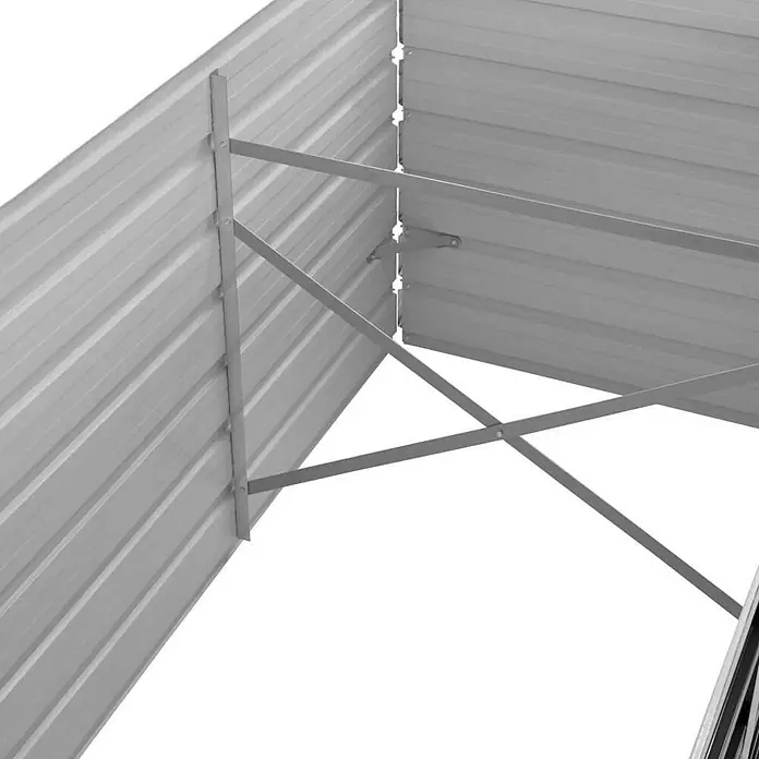 Furnicato Hochbeet - 80 x 240 x 77 cm, Stahl, Anthrazit - Innenansicht eines grauen Metallschuppens mit Wellblechplatten und robuster innerer Tragkonstruktion.
