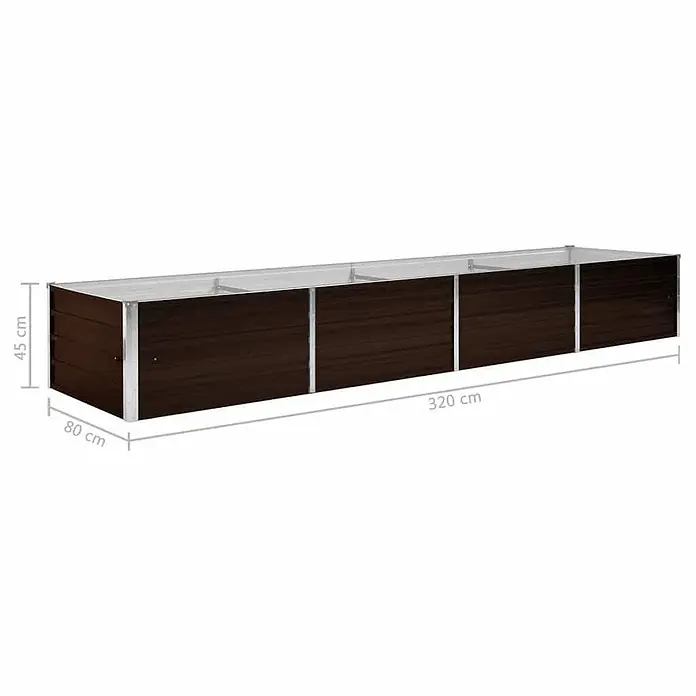 Furnicato Hochbeet verzinkter Stahl - 320 x 80 x 45 cm, Stahl, Braun - Langes, dunkelbraunes Hochbeet mit silbernem Metallrahmen. Maße: 320 cm lang, 80 cm breit, 45 cm hoch.