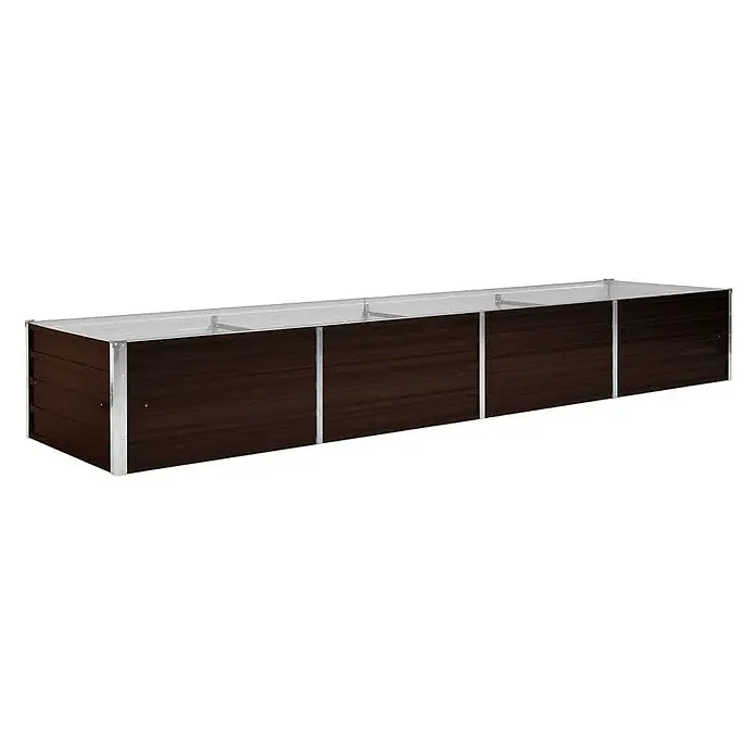 Furnicato Hochbeet verzinkter Stahl - 320 x 80 x 45 cm, Stahl, Braun - Langes, rechteckiges, dunkelbraunes Hochbeet in Holzoptik mit silbernem Metallrahmen, in vier Abschnitte unterteilt.