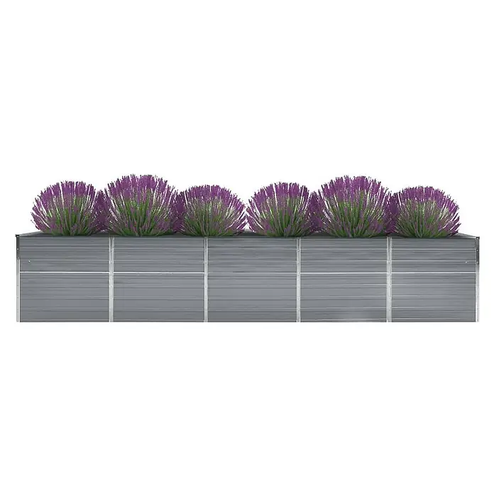 Furnicato Hochbeet - 400 x 80 x 77 cm, Stahl, Grau - Graues Hochbeet aus Metall mit leuchtend violetten und grünen Pflanzen.