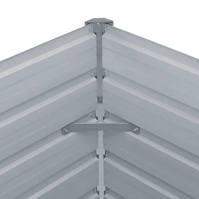Furnicato Hochbeet - 480 x 80 x 77 cm, Stahl, Grau - Innenansicht einer grauen Wellblechdachkonstruktion mit Metallstützbalken und Verbindern.
