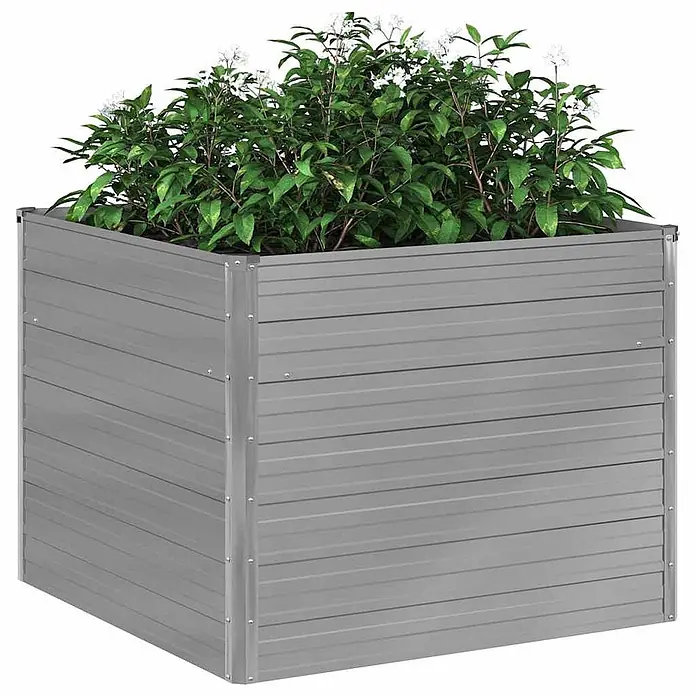 Furnicato Hochbeet verzinkter Stahl - 100 x 100 x 77 cm, Metall, Grau - Quadratisches graues Hochbeet aus Metall mit üppigen grünen Pflanzen gefüllt.