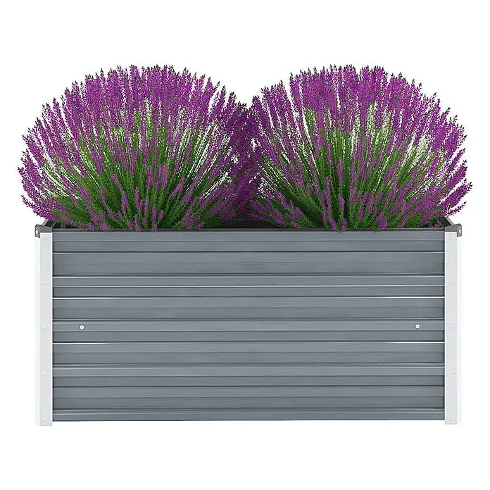 Furnicato Hochbeet - 100 x 40 x 45 cm, Stahl, Grau - Graues Metall-Hochbeet mit weißen Stützen, gefüllt mit leuchtend violetten Blumen.