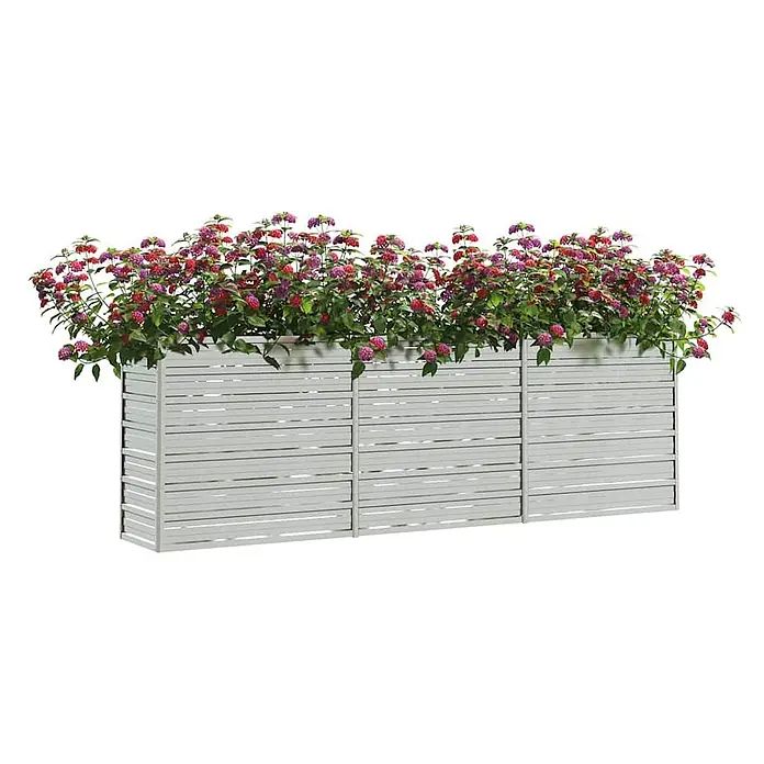 Furnicato Hochbeet - 240 x 40 x 77 cm, Stahl, Silber - Langer, hellgrauer Lamellen-Pflanzkasten gefüllt mit bunten roten und violetten Blumen.