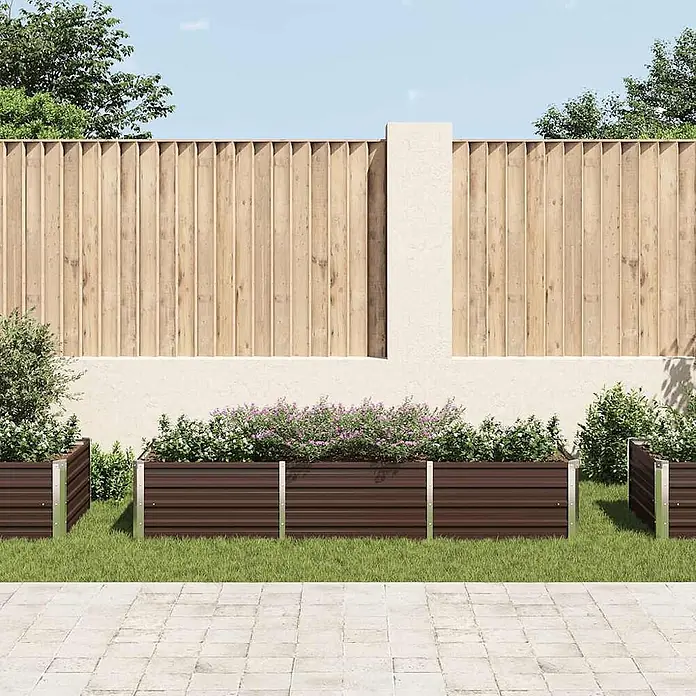Furnicato Hochbeet Verzinkter Stahl - 240 x 80 x 45 cm, Stahl, Braun - Braune Hochbeete aus Wellmetall mit silbernen Eckpfosten, bepflanzt mit blühenden Pflanzen in einer Gartenumgebung.