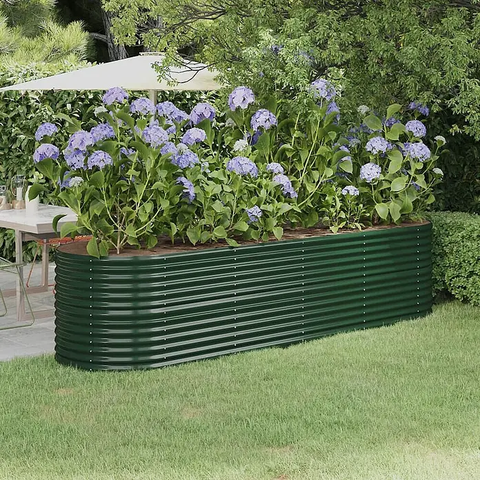 Furnicato Hochbeet - 296 x 80 x 68 cm, Stahl, Grün - Dunkelgrünes Hochbeet aus Wellblech mit lila Hortensien, im Garten.