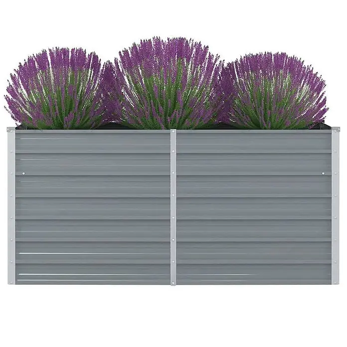 Furnicato Hochbeet - 160 x 80 x 77 cm, Metall, Grau - Graues Hochbeet aus Wellblech, gefüllt mit leuchtend lila Blumen.