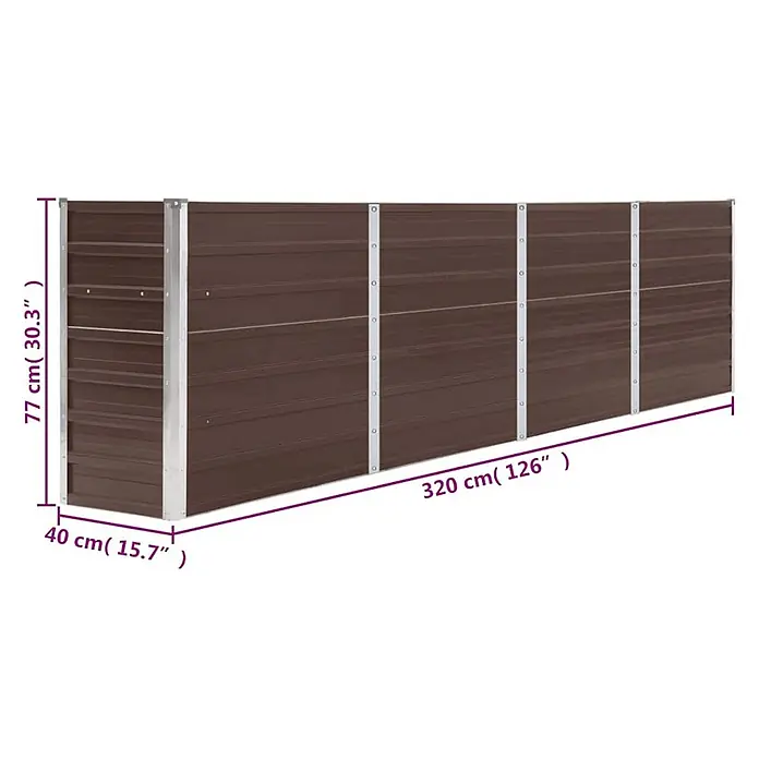 Furnicato Hochbeet - 320 x 40 x 77 cm, Metall, Braun - Langes, dunkelbraunes Hochbeet aus Wellblech mit silbernen Stützen. Rechteckiges Pflanzgefäß, 320 cm lang.