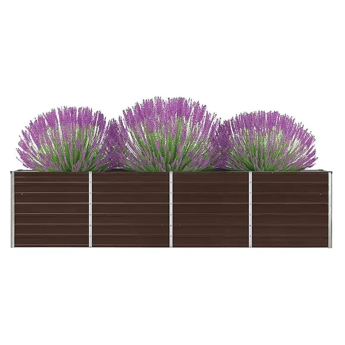 Furnicato Hochbeet - 320 x 40 x 77 cm, Metall, Braun - Braunes Hochbeet aus verzinktem Stahl, gefüllt mit leuchtend violettem Lavendel.