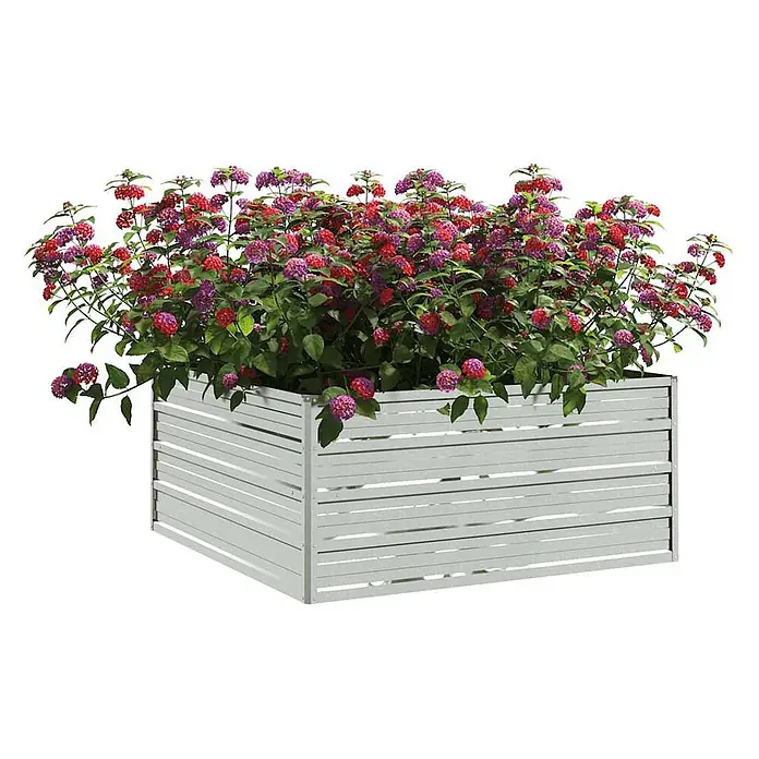 Furnicato Hochbeet - 100 x 100 x 45 cm, Stahl, Silber - Silberfarbener Pflanzkasten aus Lamellenmetall mit roten und violetten Blumen.