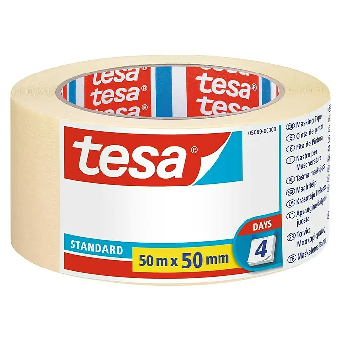 Tesa Cinta de pintor Standard - 50 m x 50 mm - Cinta de enmascarar Tesa Standard, 50 mm x 50 m, ideal para un enmascarado limpio en trabajos de pintura.