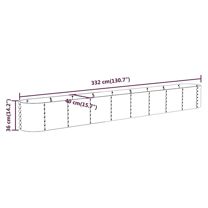 Furnicato Hochbeet - 332 x 40 x 36 cm, Stahl, Anthrazit - Langer weißer Fadenvorhang, 332 cm lang und 36 cm hoch, mit Perlensträngen im Abstand von 40 cm.