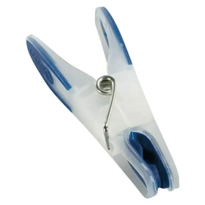 Leifheit Pinzas de tender la ropa para tender ropa - Multicolor, 25 ud., Plástico - Vista detallada de una pinza de la ropa de plástico con detalles azules y un resorte de metal, que combina estabilidad y funcionalidad.