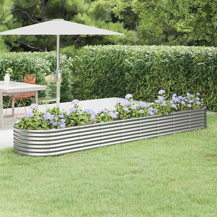 Furnicato Hochbeet - 368 x 80 x 36 cm, Stahl, Silber - Langes, gewelltes Hochbeet aus verzinktem Stahl mit lila Blumen.
