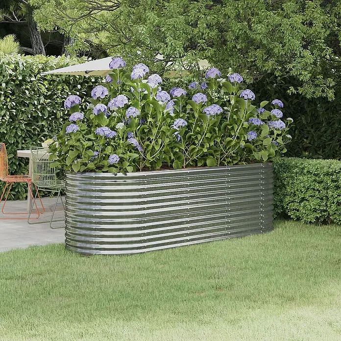 Furnicato Hochbeet - 224 x 80 x 68 cm, Stahl, Silber - Großes Hochbeet aus Wellblech, gefüllt mit leuchtend lila Hortensien im Garten.