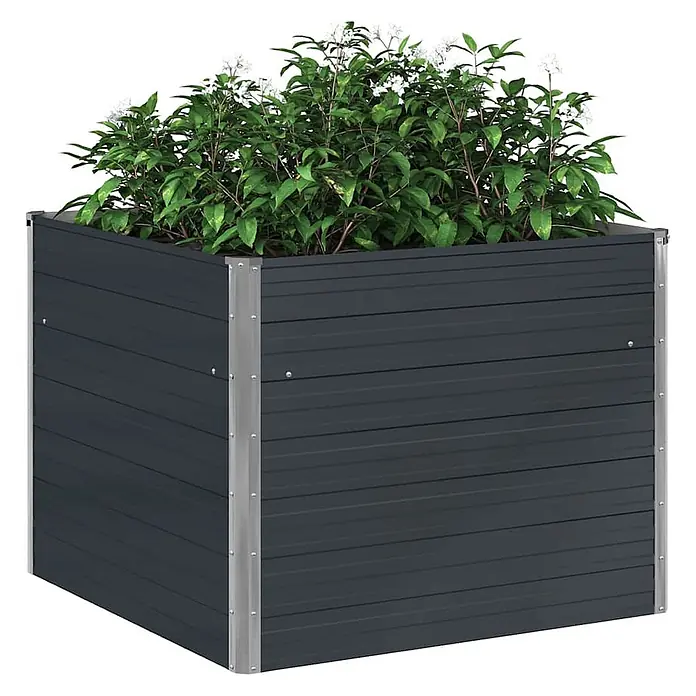 Furnicato Hochbeet - 100 x 100 x 77 cm, Stahl, Anthrazit - Quadratischer, dunkelgrauer Pflanzkasten mit silbernen Metallecken, gefüllt mit Grünpflanzen.