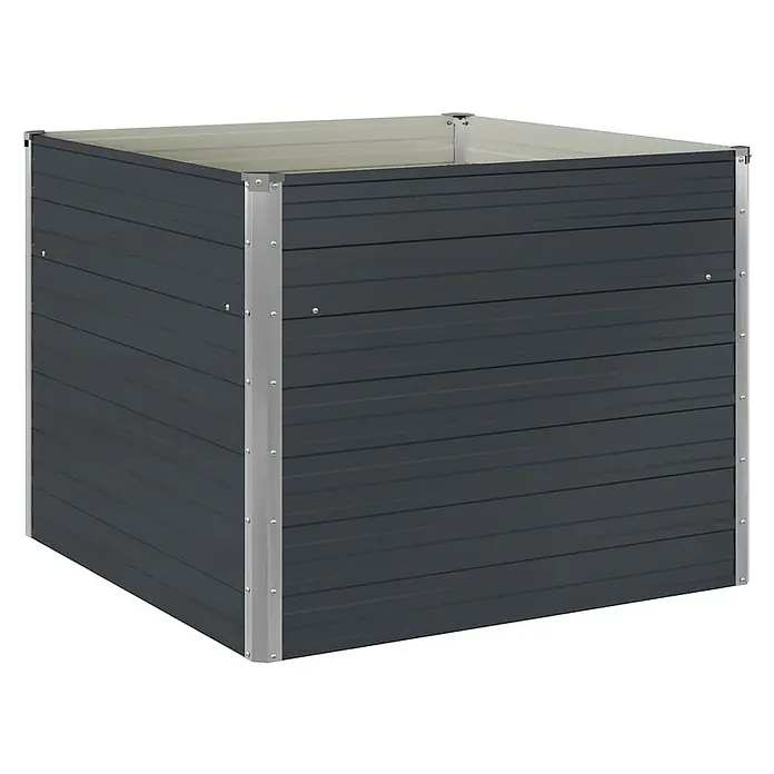 Furnicato Hochbeet - 100 x 100 x 77 cm, Stahl, Anthrazit - Dunkelgrauer quadratischer Metall-Kompostbehälter mit geriffelten Platten und silbernen Eckstützen.