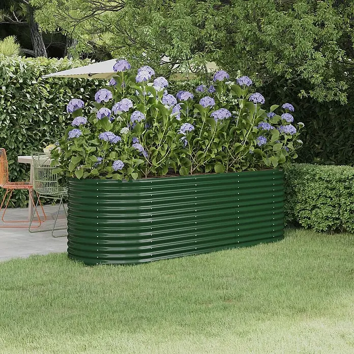 Furnicato Hochbeet - 224 x 80 x 68 cm, Stahl, Grün - Grünes Hochbeet aus Wellblech mit lila Hortensien im Garten.