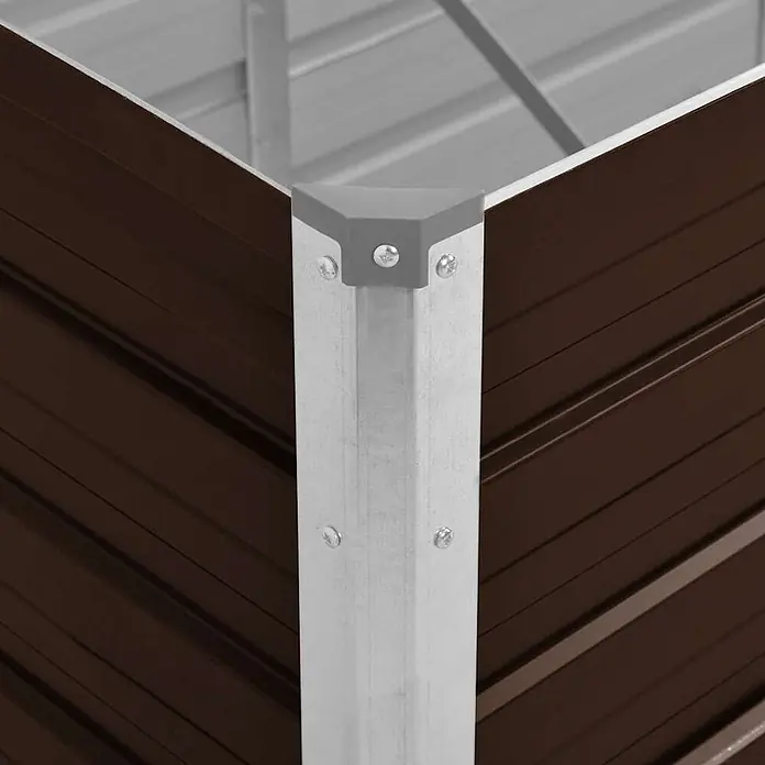 Furnicato Hochbeet - 240 x 80 x 77 cm, Stahl, Braun - Ecke eines braunen Hochbeets aus Wellblech mit silberner Metallsäule und grauer Kunststoffkappe, mit Schrauben befestigt.