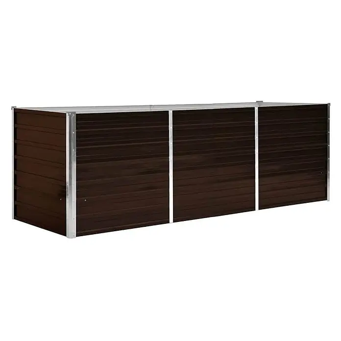 Furnicato Hochbeet - 240 x 80 x 77 cm, Stahl, Braun - Langer, brauner Wellblech-Außenlagerbehälter mit drei Fächern und silbernen Metallrahmen.