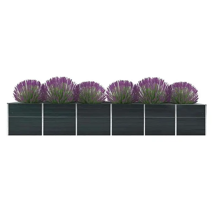 Furnicato Hochbeet - 480 x 80 x 77 cm, Stahl, Anthrazit - Langes, dunkelgraues Modulpflanzgefäß mit silbernen Trennwänden, gefüllt mit künstlichen lila-grünen stacheligen Pflanzen.