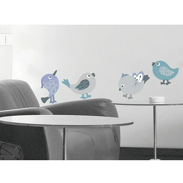 Vinilo de pared Pájaros - 68 x 24 cm, Azul/Gris, Plástico - Adhesivos de pared con cuatro pájaros de colores, que aportan un toque lúdico a cualquier habitación. Ideal para habitaciones infantiles.