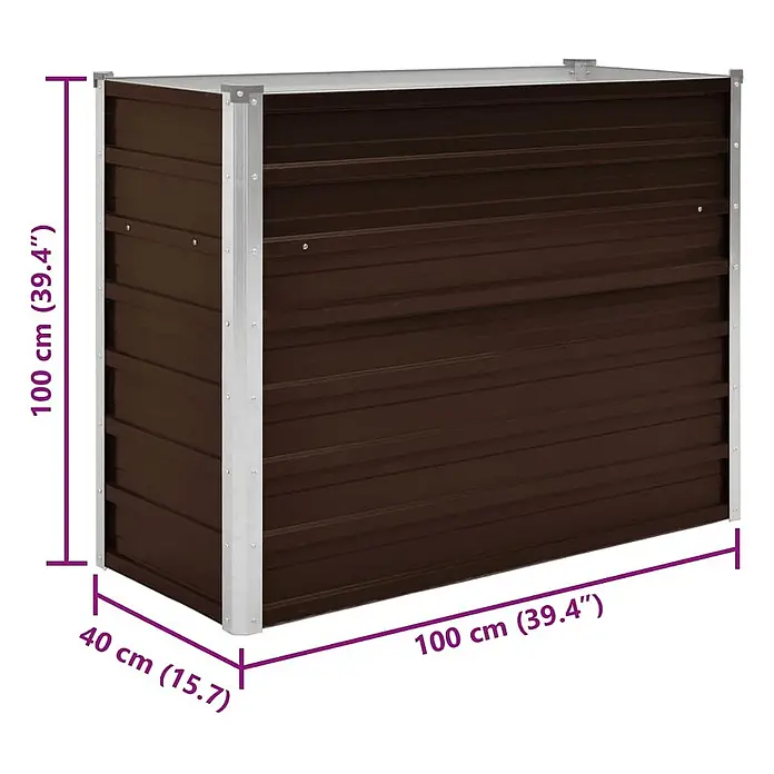 Furnicato Hochbeet verzinkter Stahl - 100 x 40 x 77 cm, Stahl, Braun - Braunes Hochbeet aus Wellblech mit silbernen Eckpfosten, 100x100x40 cm.